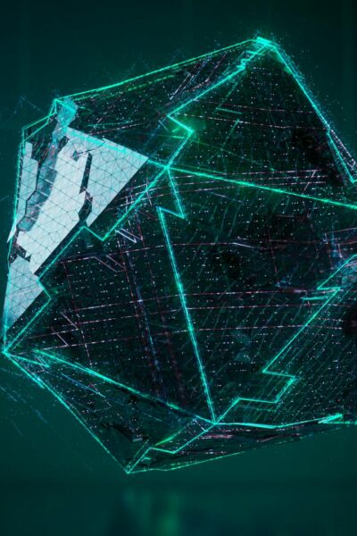 Abstract 3D geometric shape with neon green glow, digital art style, futuristic concept.