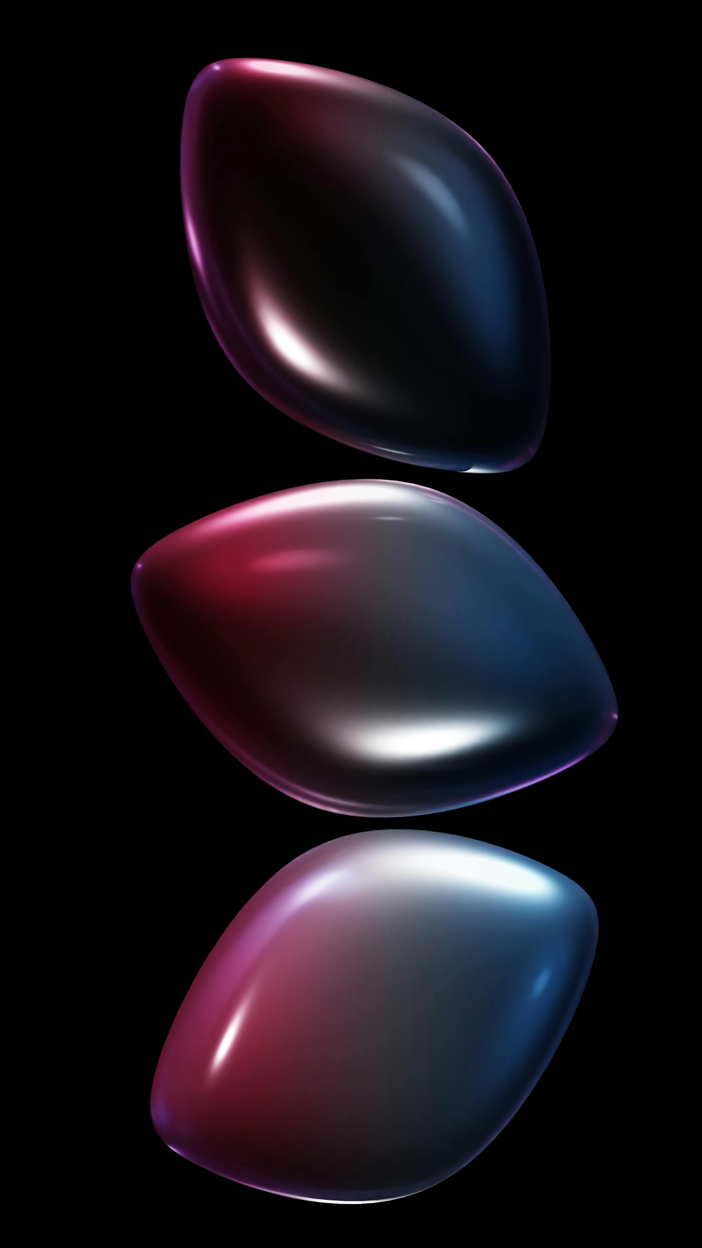 Three glossy abstract shapes with vivid lighting on a dark background.