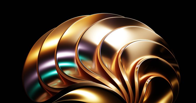 A striking abstract sculpture with metallic hues creates a dynamic visual impact.